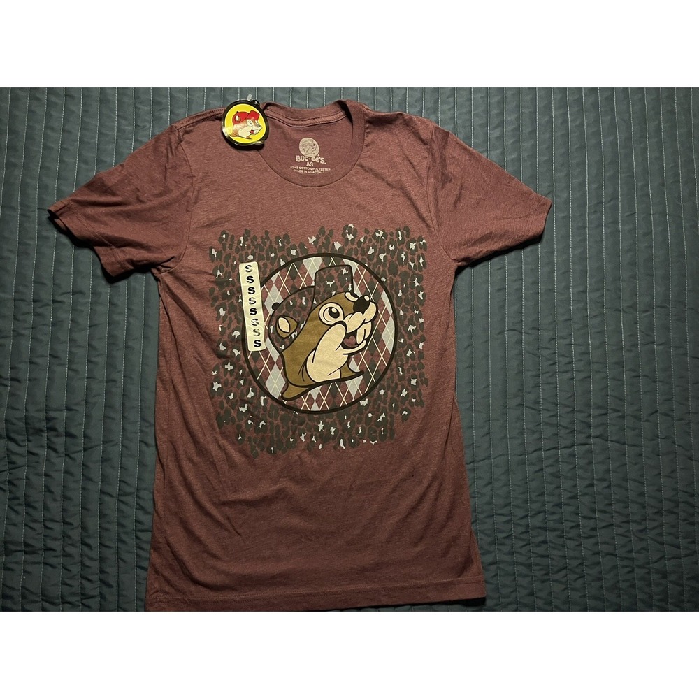 Buc-ee's Argyle Leopard Print Purple Beaver Logo T-shirt Size Small New With Tag